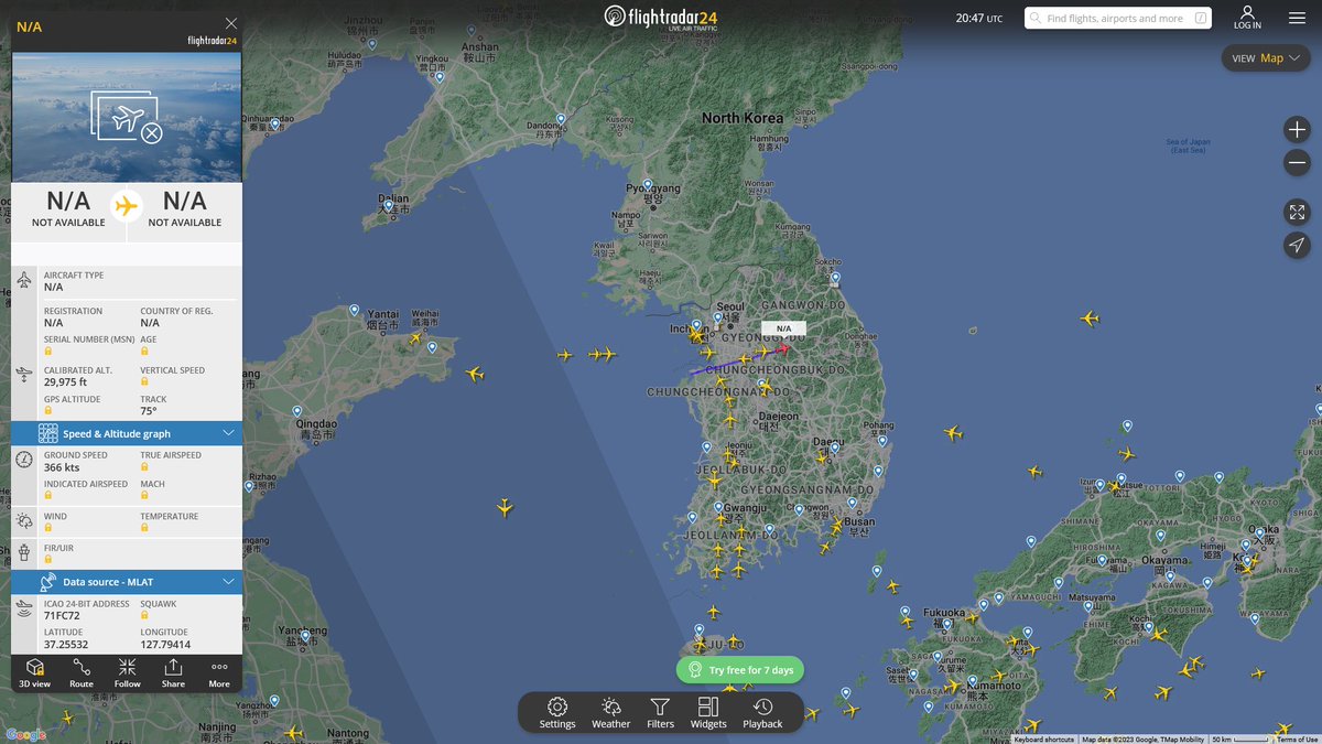 AIYeyENGDdJkjTr's tweet photo. July 29, 2023
#Gimhae Air Base #Central Area of the Korean Peninsula 

#NoCALLSIGN #71FC72 ROKAF Unknow Aircraft https://t.co/MJK055ZOX8