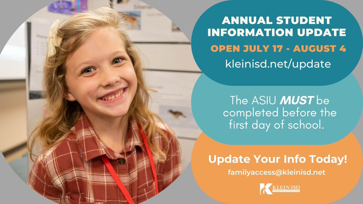 There is still time to complete the REQUIRED Annual Student Information Update and ensure your child has an effortless start to the school year. Deadline is Friday, August 4th. Click kleinisd.net/update to start the process. #KleinFamily