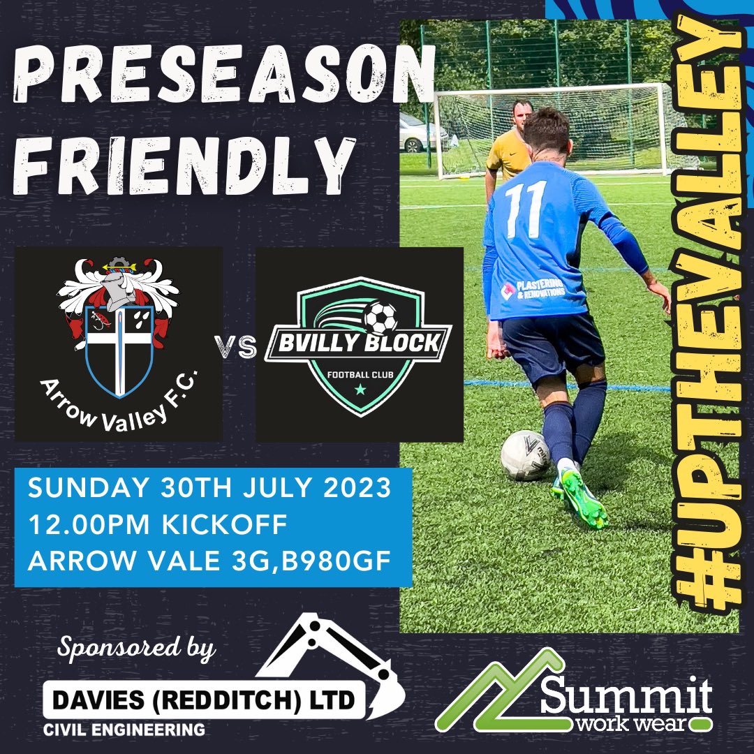 ArrowValleyFC's tweet photo. NEXT UP|

Preseason continues this Sunday and likely our toughest test to date with a visit from @bvillyblockfc 

Has all the makings of a great game, any support would be truly appreciated 🙌🏻

#UpTheValley @Randswcl Davies Redditch Ltd @SummitGB https://t.co/4S8GCuQxKF