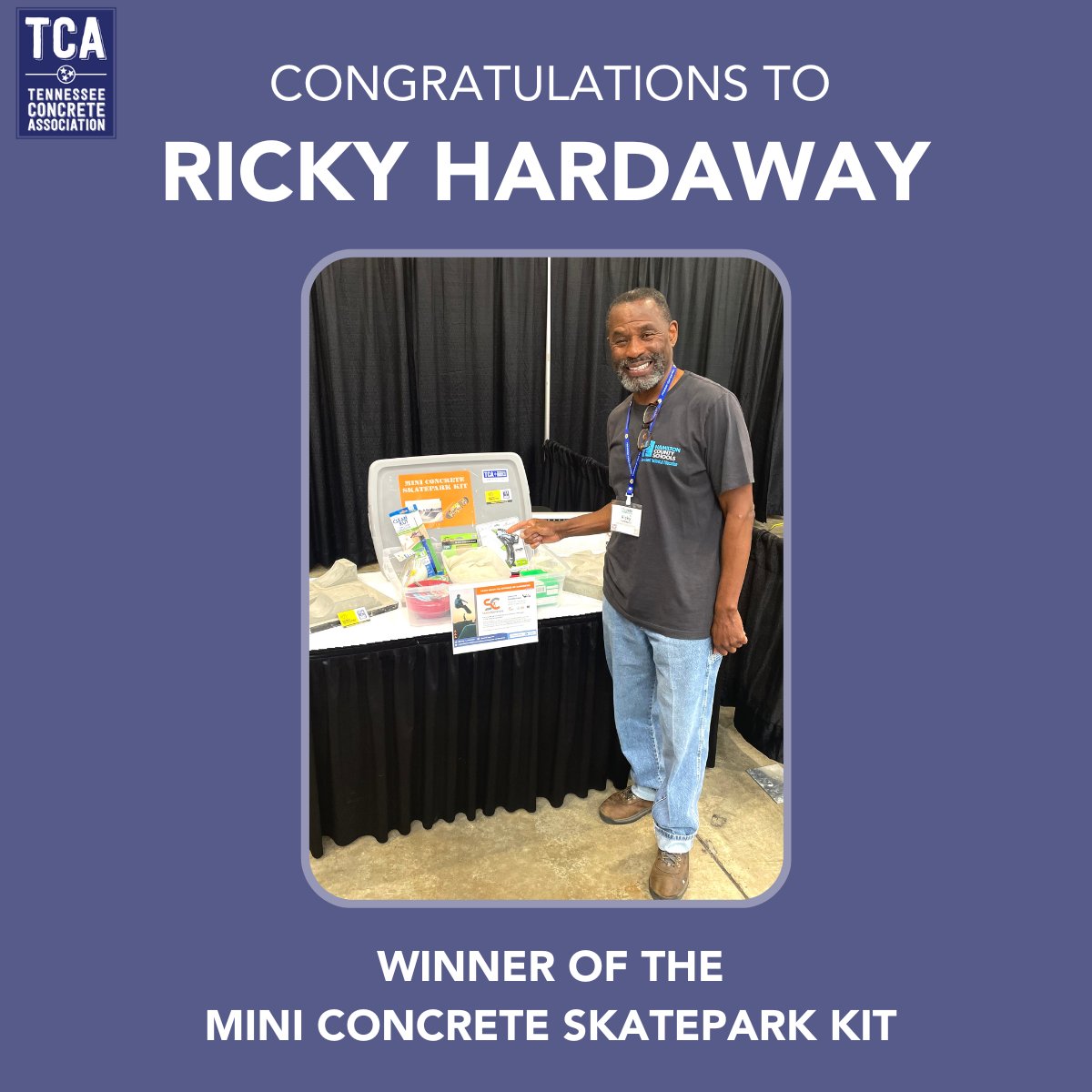 tnconcrete's tweet photo. We want to congratulate Ricky on winning the Mini Concrete Skatepark Kit that we gave away at the recent Career Technical Educators (CTE) Conference! We are thrilled to give this kit to Ricky so he can help us inspire students to consider concrete career paths and opportunities. https://t.co/rsTADQuRhW