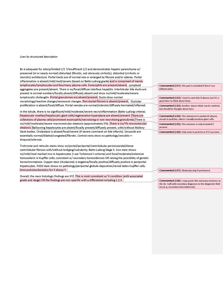 I thought I would share the way I structure #liverpathology reports, specifically microscopic descriptions. Learned of structured medical liver reports from a paper and modified. Feel free to use or modify, if helpful. #pathology
 drive.google.com/file/d/1n7ueDc…