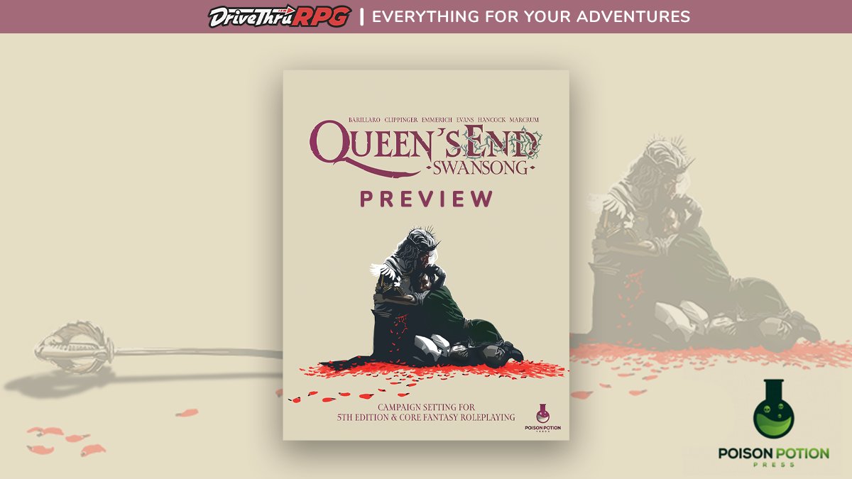 Roll20 (@roll20app) on Twitter photo New from <a href="/PoisonPotPress/">Florian Emmerich • Eldritch Sands</a>! 🧪
Join the Roses in their fight against the Swan Queen to play out at a royal wedding that begs for uninvited guests.
Check out Queen's End | Swansong Preview for 5E for free:
drivethrurpg.com/product/446543… New from <a href="/PoisonPotPress/">Florian Emmerich • Eldritch Sands</a>! 🧪
Join the Roses in their fight against the Swan Queen to play out at a royal wedding that begs for uninvited guests.
Check out Queen's End | Swansong Preview for 5E for free:
drivethrurpg.com/product/446543…