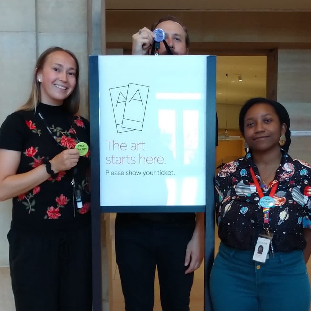 PhillyCWU's tweet photo. Visiting the Art Museum? Keep an eye out for our #PayUpPMA buttons, worn daily until Art Museum executives finally honor employees’ years and decades of service to the museum with the longevity pay they’re owed. And don’t forget to sign the petition! https://t.co/egW9phH9Lb https://t.co/hHUwlM0Xsj