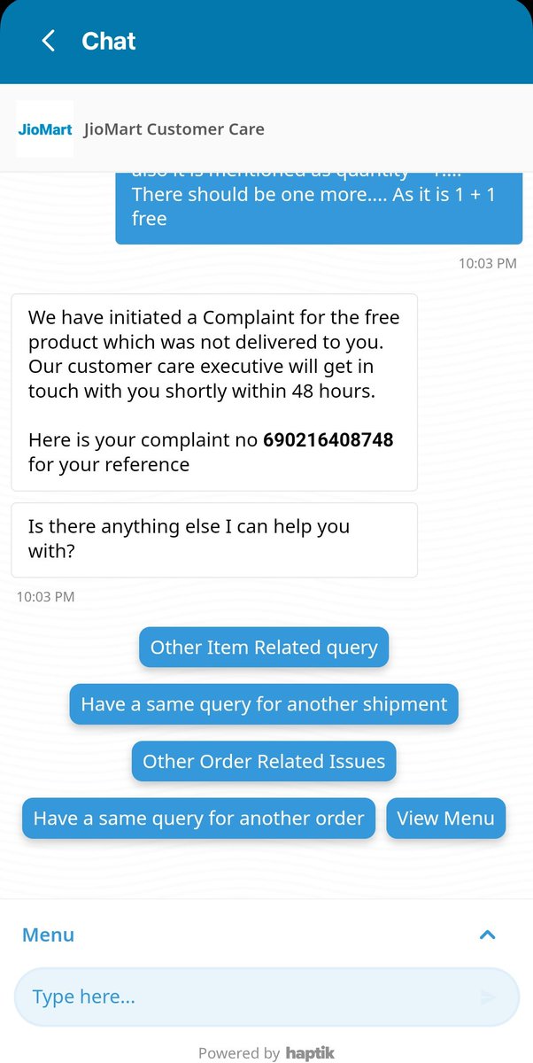 HatimMotorwala's tweet photo. @JioMart_Support 
Complaint number 690216408748.
While placing the order the product vlcc facewash had a buy 1 get 1 free offer. But the free product was not delivered. Raised complaint, but no call back within said 48 hours. Is the complaint process just for name sake? https://t.co/bGnjUBA1Um