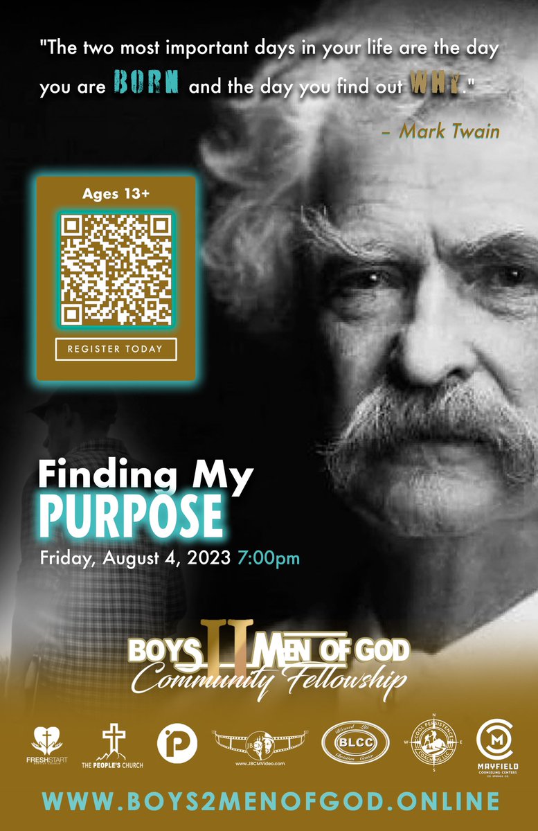 Boys_to_Men_'s tweet photo. REGISTER for Finding My Purpose. Friday, 8/4/23 at 7pm. Ages 13+. Boys to Men of God Community Fellowship Men’s Meeting. https://t.co/oyrdEHWU52

#mensfellowship #coloradospringsevents #findingmypurpose #mentorship #discipleship #nonprofits #mengroups #safeplace #ColoradoSprings https://t.co/iAyqxlPaMH