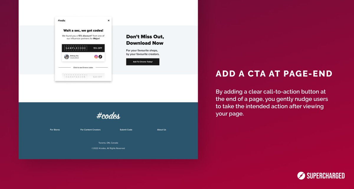 SuperchargedStd's tweet photo. 📣 Add a CTA at the End of Your Page

By adding a clear call-to-action button at the end of a page, you gently nudge users to take the intended action after viewing your page. https://t.co/Qrc93c4OqR