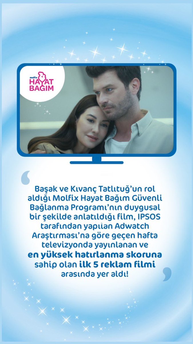 ktatlitugnews's tweet photo. IPSOS tarafından yapılan Adwatch araştırmasına göre geçen hafta televizyonda yayınlanan ve en yüksek hatırlanma skoruna  sahip olan ilk 5 reklam filmi arasında Kıvanç Tatlıtuğ ve Başak Dizer Tatlıtuğ’un yer aldığı Molfix reklam filmi oldu! https://t.co/wcwvptV5Eh