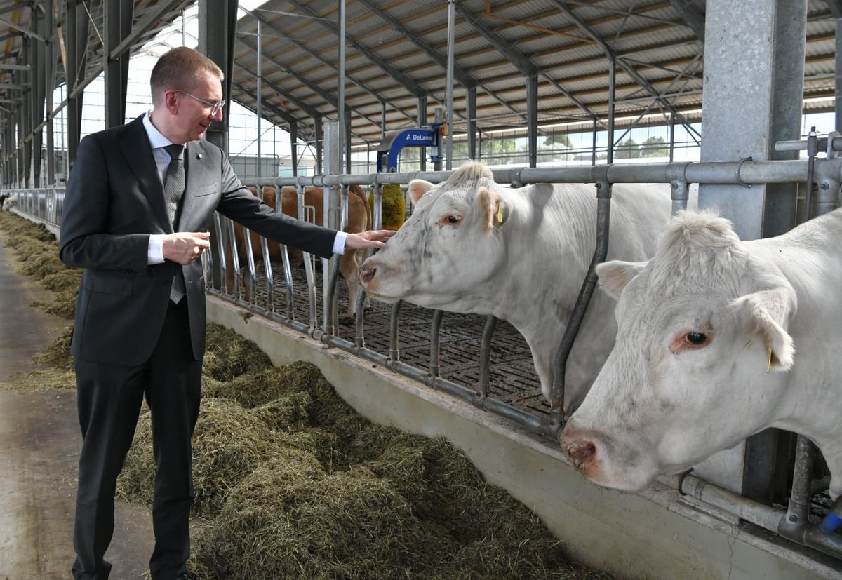 Apmeklējot gaļas liellopu saimniecību “Kolumbi” Kuldīgas novadā, pirmais no kreisās Valsts prezidents…