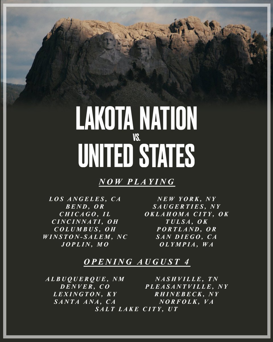 IFC Films (@ifcfilms) on Twitter photo "A lyrical, edifying and blistering plea for Indigenous justice." — <a href="/latimesent/">LAT Entertainment</a>
LAKOTA NATION VS. UNITED STATES expands to Chicago, Oklahoma City, Tulsa and more today! lakotanationvsus.movie "A lyrical, edifying and blistering plea for Indigenous justice." — <a href="/latimesent/">LAT Entertainment</a>
LAKOTA NATION VS. UNITED STATES expands to Chicago, Oklahoma City, Tulsa and more today! lakotanationvsus.movie