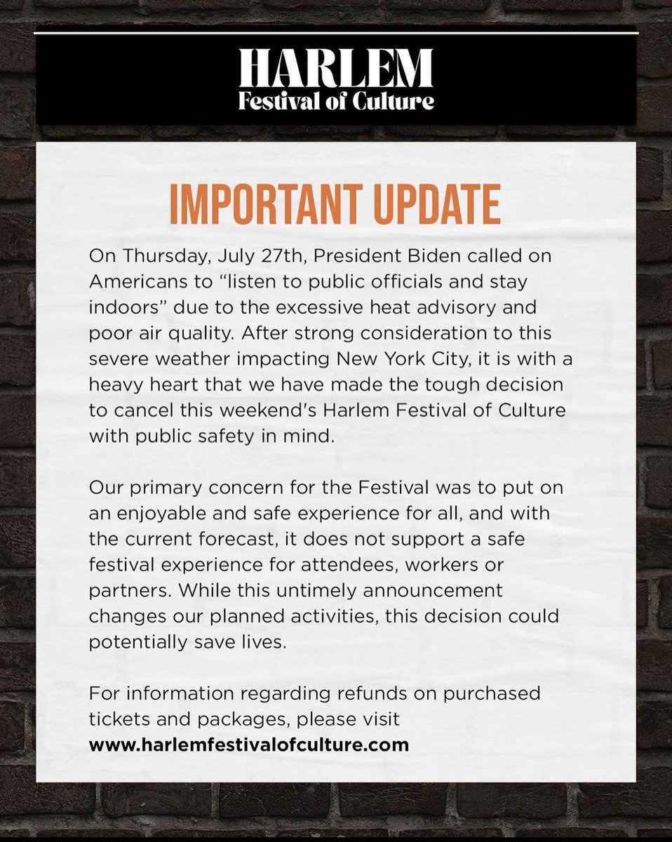 SHMedia_'s tweet photo. Unfortunately due to the extreme weather the festival has been cancelled 
#HarlemFestivalofCulture #Cancelled #ExtremeWeather https://t.co/3vGe8wsiGR