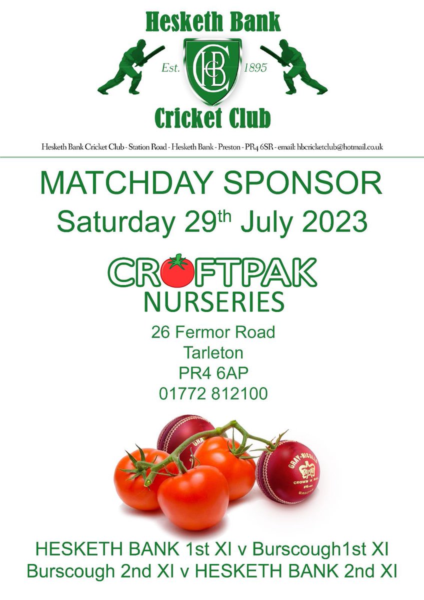 HeskethBankCC's tweet photo. This week sees the 1st and 2nd team play @Burscough_CC. Match day is kindly sponsored by Croftpak Nurseries https://t.co/vHS1LD6VxX