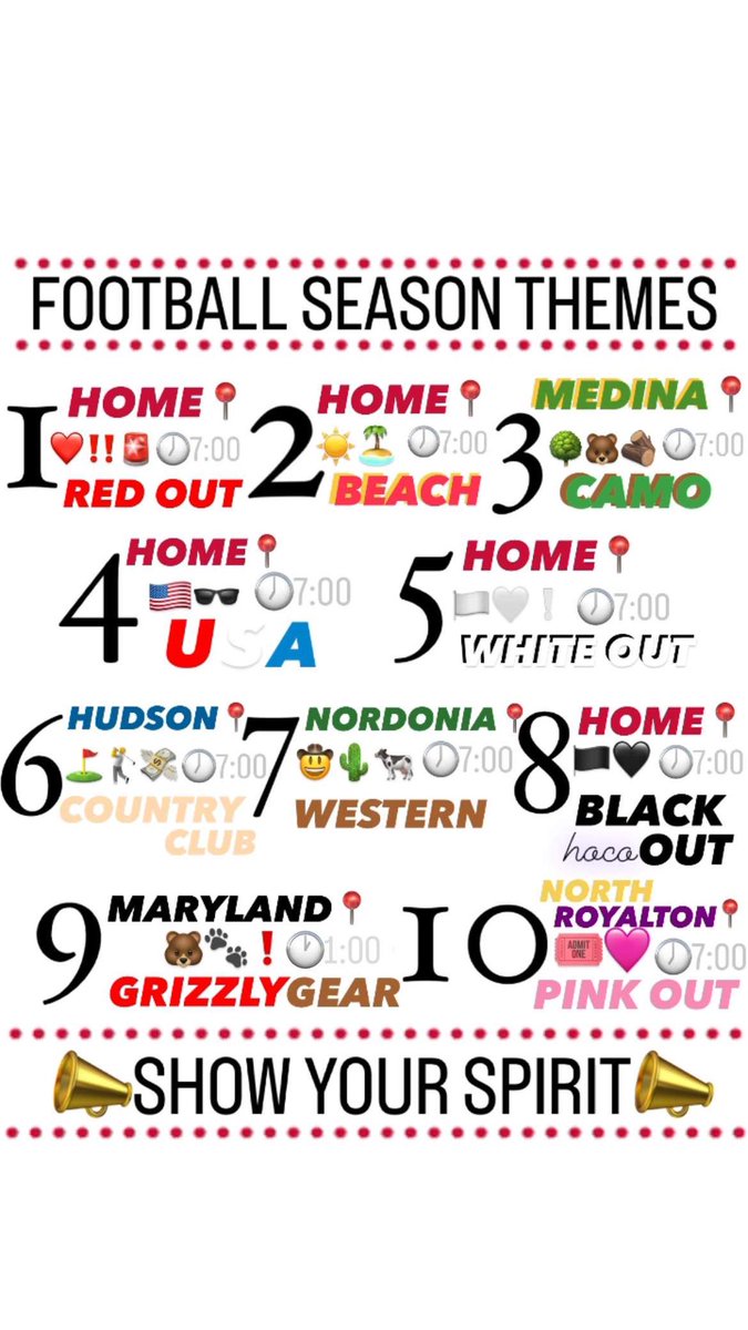 Get ready to come support the Wadsworth Grizzlies this season!
 8/18 Week 1: RED OUT
8/25 Week 2: BEACH
9/1 Week 3: CAMO
9/8 Week 4: USA
9/15 Week 5: WHITE OUT
9/22 Week 6: COUNTRY CLUB
9/29 Week 7: WESTERN
10/6 Week 8: BLACK OUT
10/14 Week 9: GRIZZLY GEAR
10/20 Week 10: PINK OUT