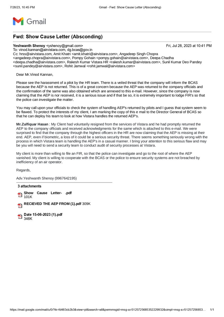 AwakenIndia's tweet photo. Airline companies coming up with new threats to pilots to stop them from leaving. this time the new plans were devised by @airvistara. they alleged that AEP was not handed over to them and threatened to report to @BcasHq. I decided to inform the DG, BCAS myself. https://t.co/XQTzqLKjDV