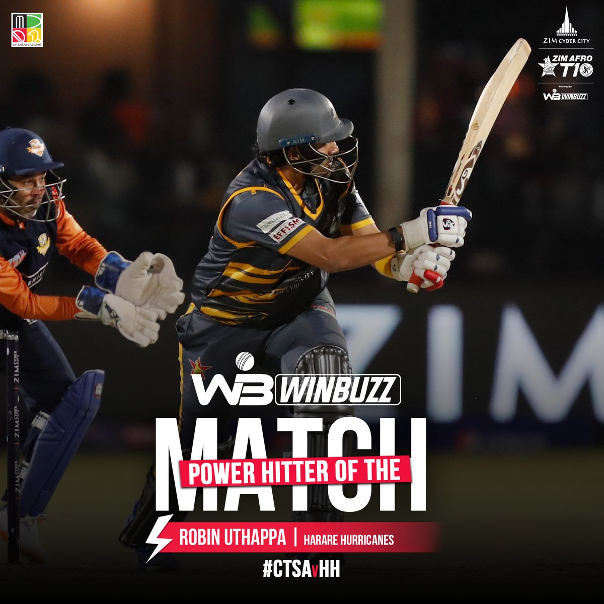 T10League's tweet photo. 6⃣ Biggies from Robbie 🚀

Our Winbuzz Power Hitter of the match is Robin Uthappa 💪

#ZimAfroT10 #CricketsFastestFormat #T10League #InTheWild 
#CTSAvHH https://t.co/h1LmHyULMg