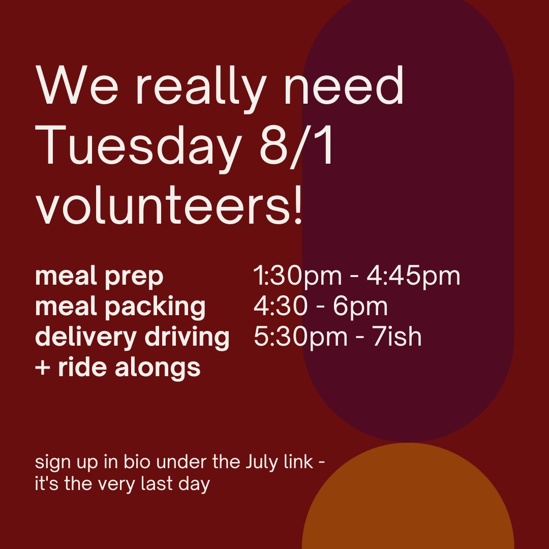 CommKitchenMpls's tweet image. August 1st (Tuesday) is on the last page of our July sign up sheet. If you're free this Tuesday, we would really love to have you prep, pack, drive, or ride along. If you can't make it, share and maybe a friend can!

m.signupgenius.com/#!/showSignUp/…