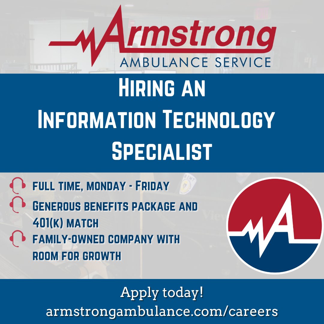 Armstrong is looking to add an Information Technology Specialist to our team. We're looking for someone who is excited about setting up, installing and maintaining hardware and software, supporting network systems, and assisting the CIO.

Apply now: armstrongambulance.com/careers