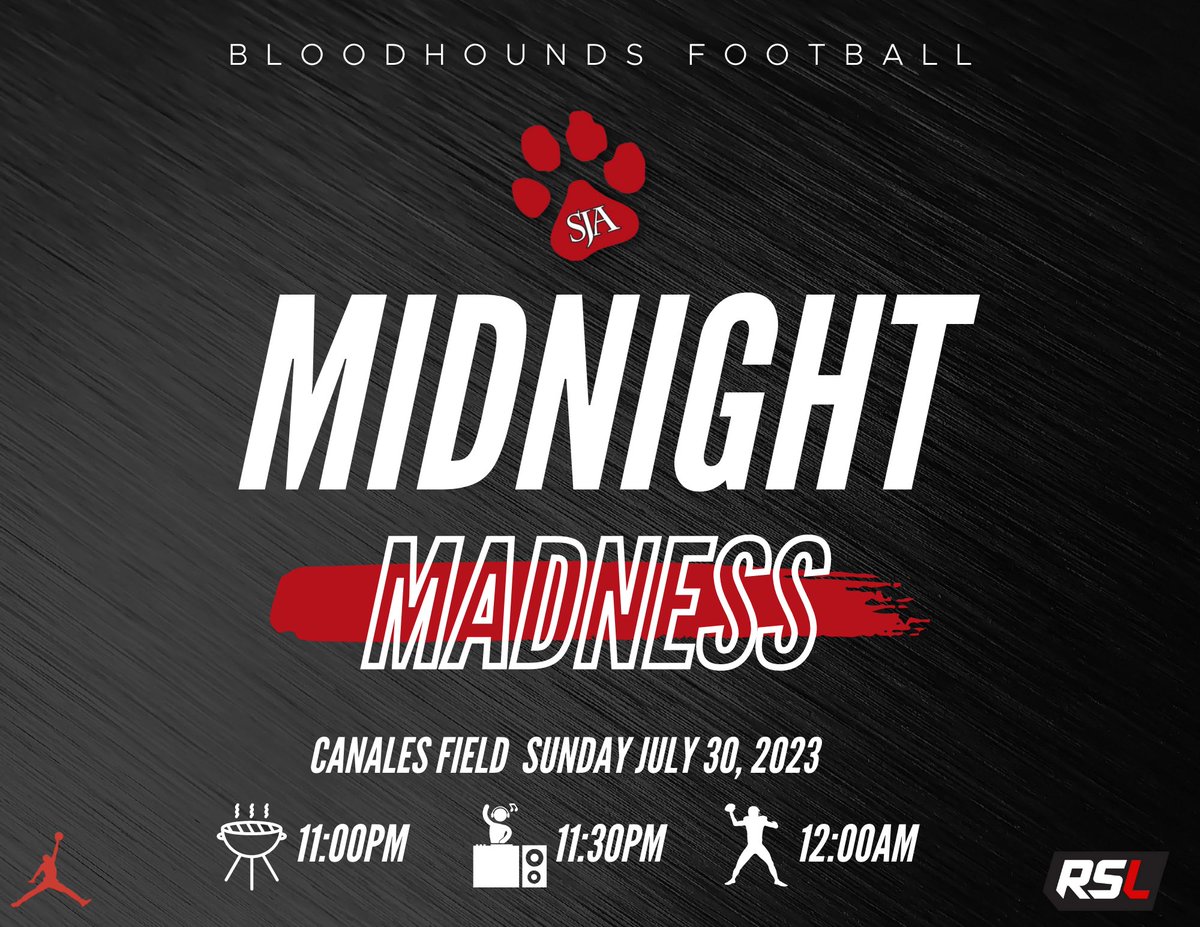 The SJA Football Team and the Cross Country Team will start the 2023 season at the stroke of midnight in the 9th Annual Midnight Madness. 

SJA families and enrolled students are welcomed to attend and support the teams. 

The Booster Club will be hosting a tailgate and music…