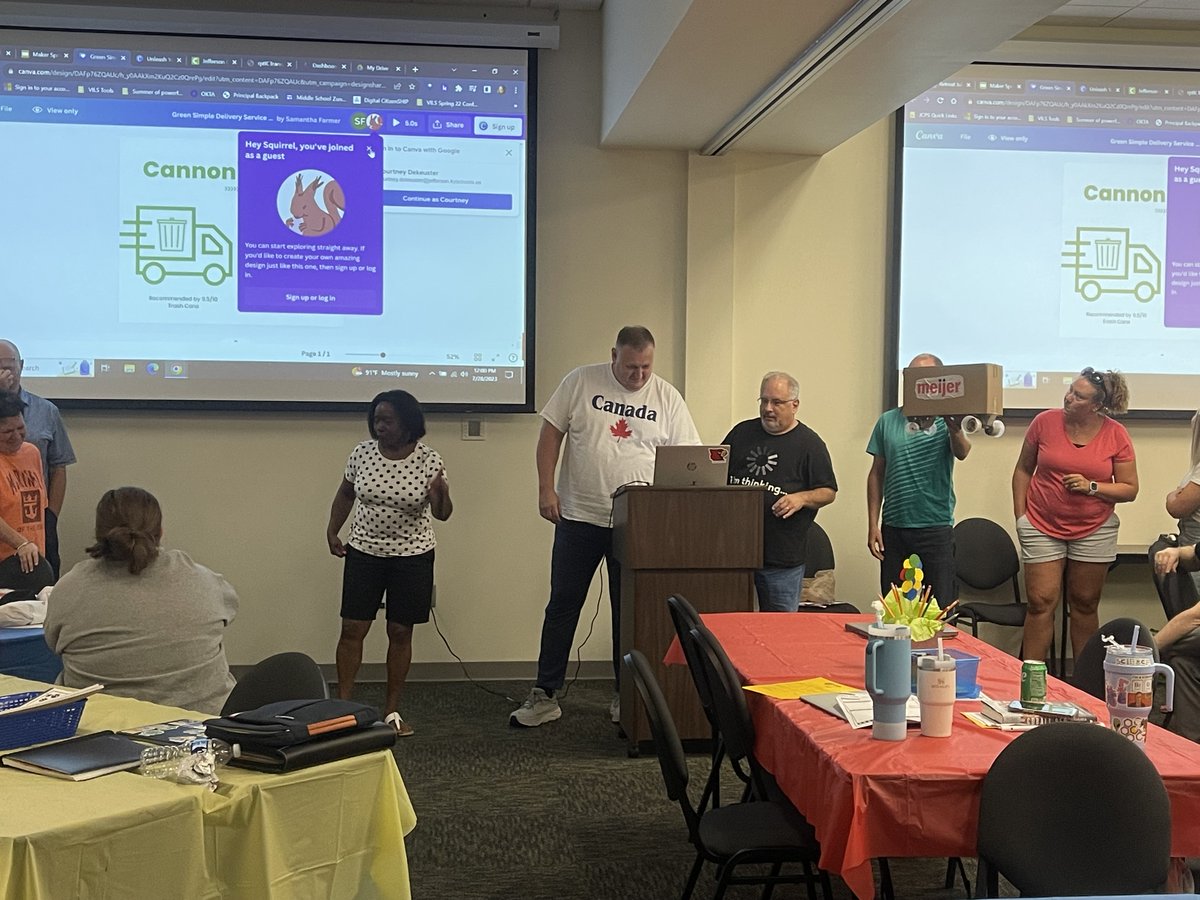 Educators <a href="/farnsleymiddles/">Farnsley MS</a> engaged in a maker sprint challenge connecting with our MST magnet &amp; Explore Pathway experience during day 2 of our staff retreat. We created products &amp; ads using Canva to sell the product. We ARE awesome educators! #Teambuilding #Fun <a href="/FMSPrincipal20/">Carolyn Smith</a>