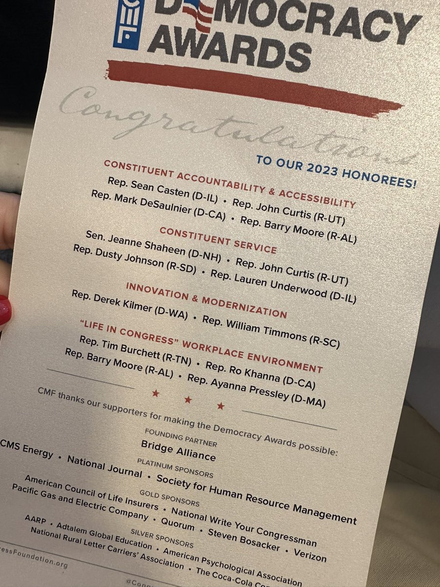 Lovely time honoring the <a href="/congressfdn/">CMF</a> Democracy Award nominees. <a href="/RepPressley/">Congresswoman Ayanna Pressley</a>’s profound comment, “we care about their labor but we truly give a damn about their lives” when talking about her staff, was moving and a testimony to the work she and her staff are doing. #service