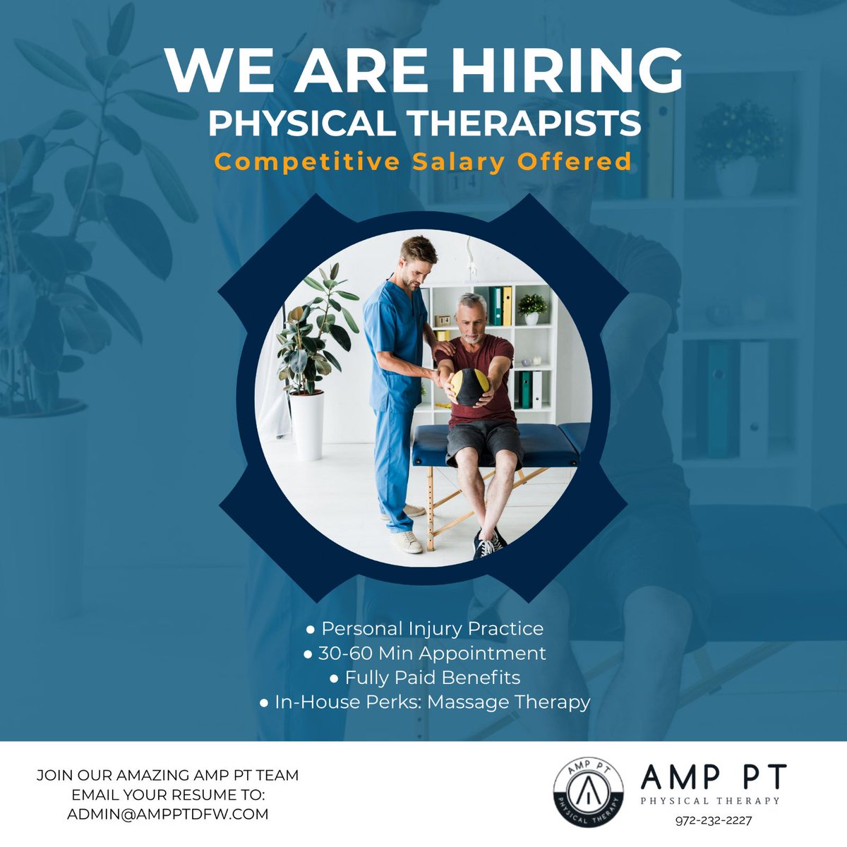 Guess what? We are hiring!
AMP PT Physical Therapy Clinics is accepting applications for PTs.
Send your resume to: Admin@ampptdfw.com and join our amazing AMP PT Team!
#ircclinic #ampptdfw #hiring #hiringpt #hiringpts #pt #physicaltherapy #txjobs #dallasjobs  #fullbenefits #jobs