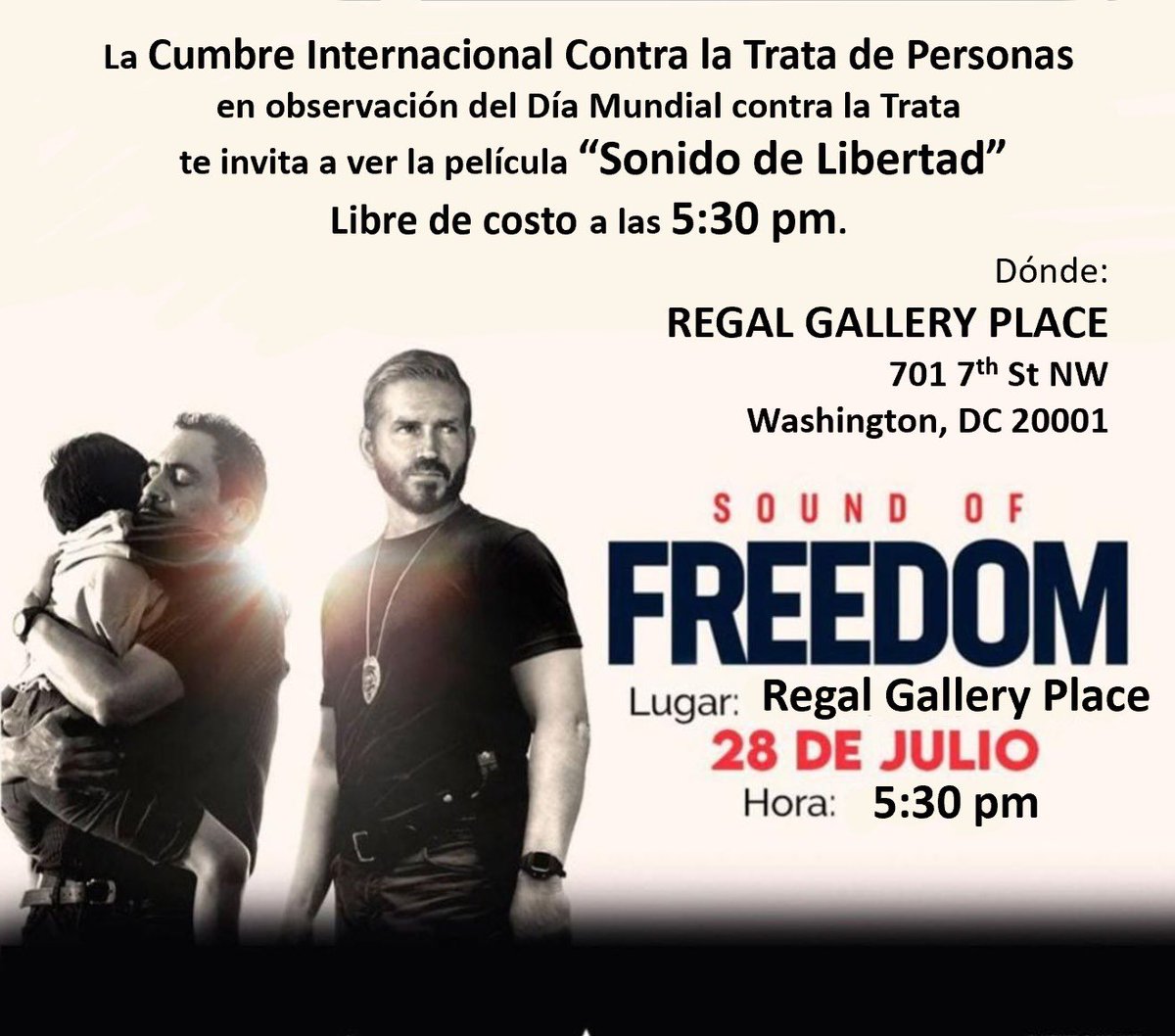 Nilsaalvarez's tweet photo. ¡Si estás en Washington, DC, envíanos su nombre y apellido por DM para admisión GRATIS a la película SONIDO DE LIBERTAD esta tarde en REGAL GALLERY PLACE!

¡GRACIAS a @GoyaCares por brindarnos esta linda oportunidad!

@EVerastegui @SOFMovie2023 https://t.co/z86Ps3nljt