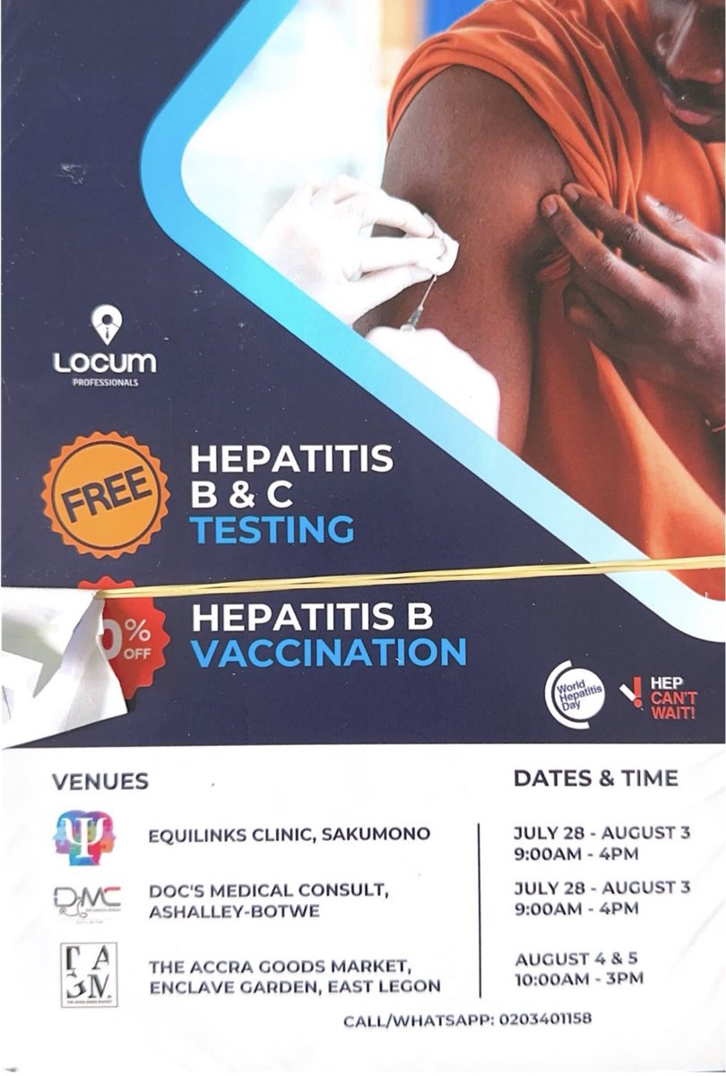 Today is World Hepatitis Day and we are having free testing at EQUILINKS CLINIC in Sakumono and DOC’S MEDICAL CENTRE (Ashale Botwe) till Thursday (3rd August). We will be at ACCRA GOODS MARKET on the 4th and 5th of August. We are also vaccinating at HALF the price. #NotWaiting 🫶🏾