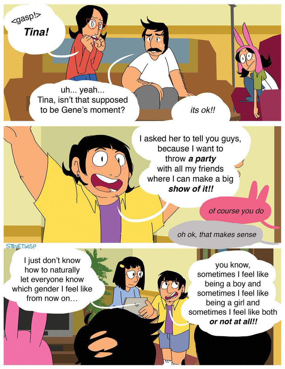 stevetwisp's tweet photo. reposting all my #BobsBurgers comics

"brainstorm" aka: "gene-derfluid"
(part 1/2) https://t.co/TbbNO9MpGL