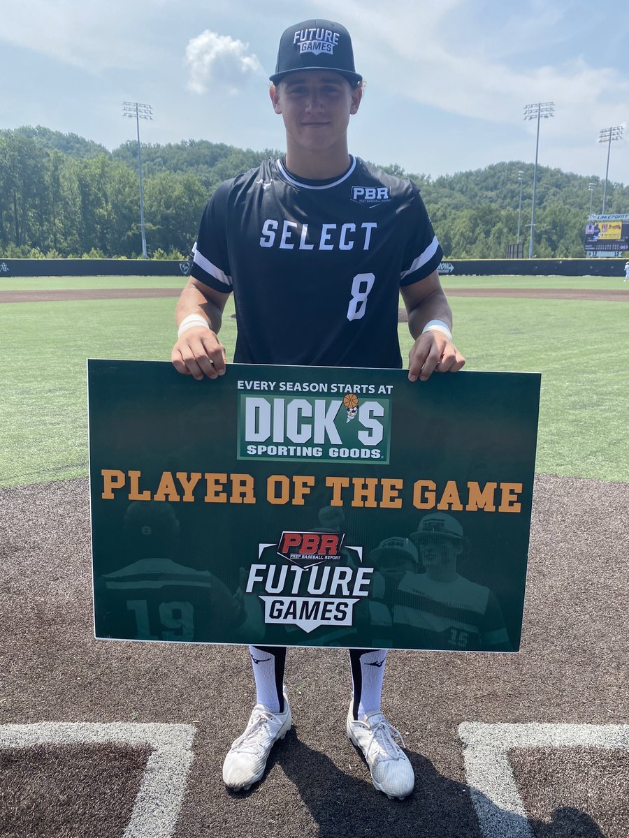 prepbaseball's tweet photo. Congrats to OF/1B Cole Pladson (KS) is the @DICKS Sporting Goods Player of the Game. 👏🏅 

Pladson went 3-for-3 with a single, a solo 💣 and swiped a bag.  #PBRFG23 https://t.co/pnSFTeQia9