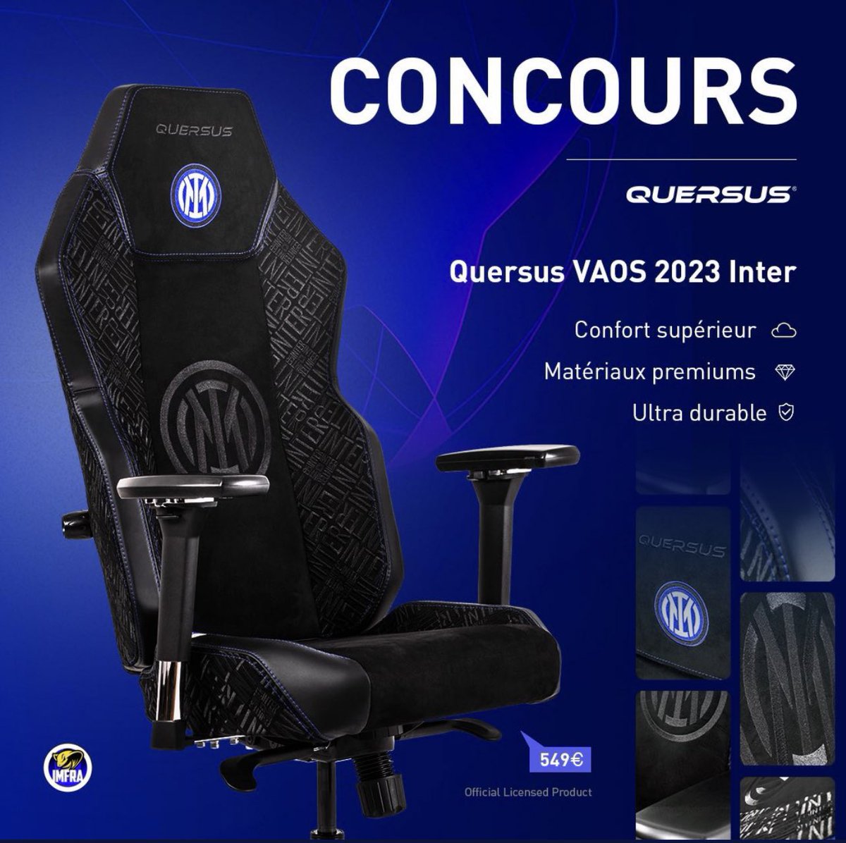 InterMilanFRA's tweet photo. 🚨 CONCOURS 🚨

En partenariat avec nos amis de chez @QuersusFR, pour fêter la magnifique saison de l’Inter, nous vous faisons gagner un siège Quersus x Inter Milan ! 

Pour participer, vous devez :

▫️ 🔁RT ce tweet 
▫️ Follow @InterMilanFRA & @QuersusFR 

👉 Le tirage au sort sera fait le 5 Août !

Bonne chance à tous !