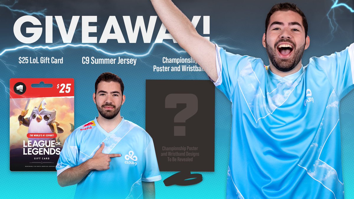 Fudgecakey's tweet photo. ❗ C9 LEAGUE OF LEGENDS FLASH SUMMER GIVEAWAY ❗

Giving away $25 LoL gift card, summer jersey, and the unreleased championship wristband + poster!

INSTRUCTIONS
💙 LIKE + RT
➡️ FOLLOW @FUDGECAKEY &amp; @C9LOL
💬 TAG SOMEONE WHOSE ROLE DOESN'T MATTER https://t.co/IBtt2agn8N
