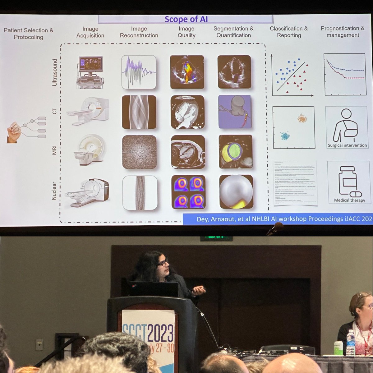 Dr Damini Dey (@damini_dey) from @CedarsSinaiMed presenting newer data AI technologies using Deep Learning and Convoluted Neural Networks for coronary plaque analysis. Big takeaway: morphological predictors + plaque quantification improves prognostication. #YesCCT #SCCT2023