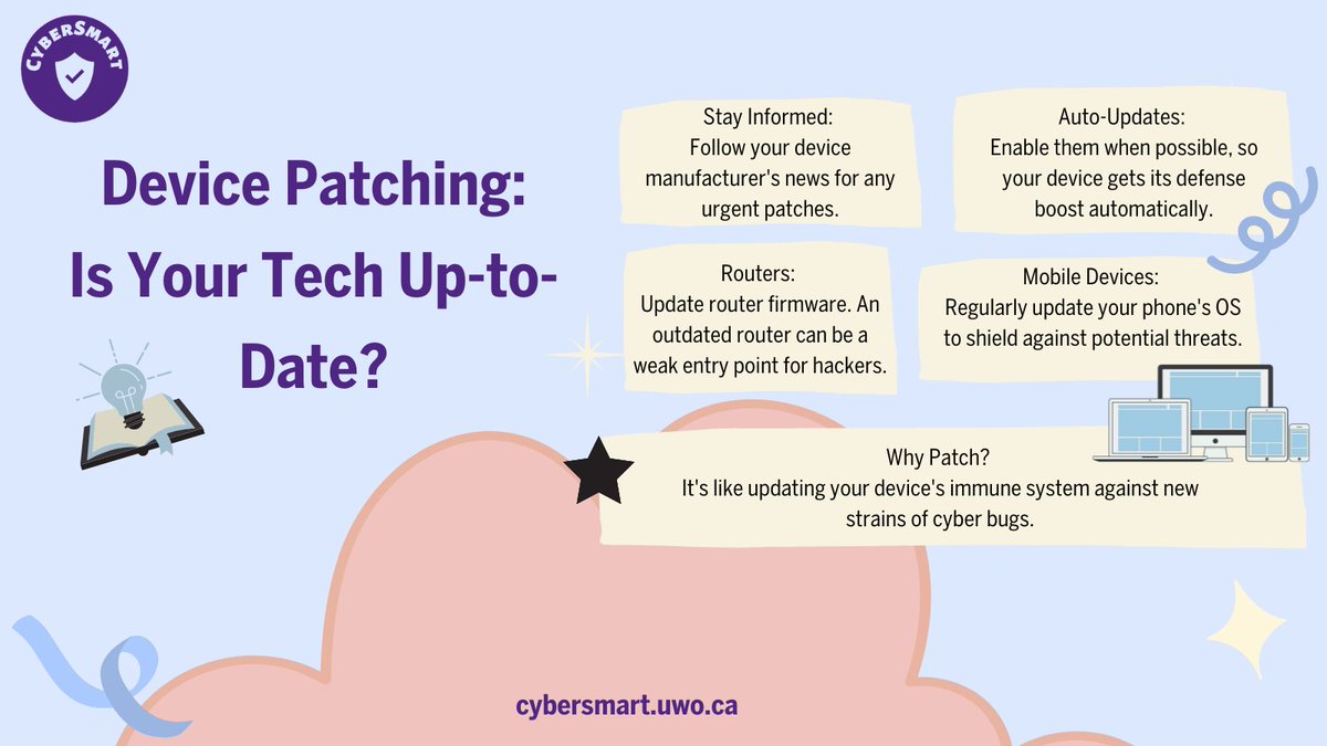 westernuCybSmrt's tweet image. Regular updates keep your devices at their best. Don't forget to patch your mobile and router frequently to avoid vulnerabilities! Check out our latest tips on device maintenance at cybersmart.uwo.ca.  #PatchUp #WesternU #cybersmart