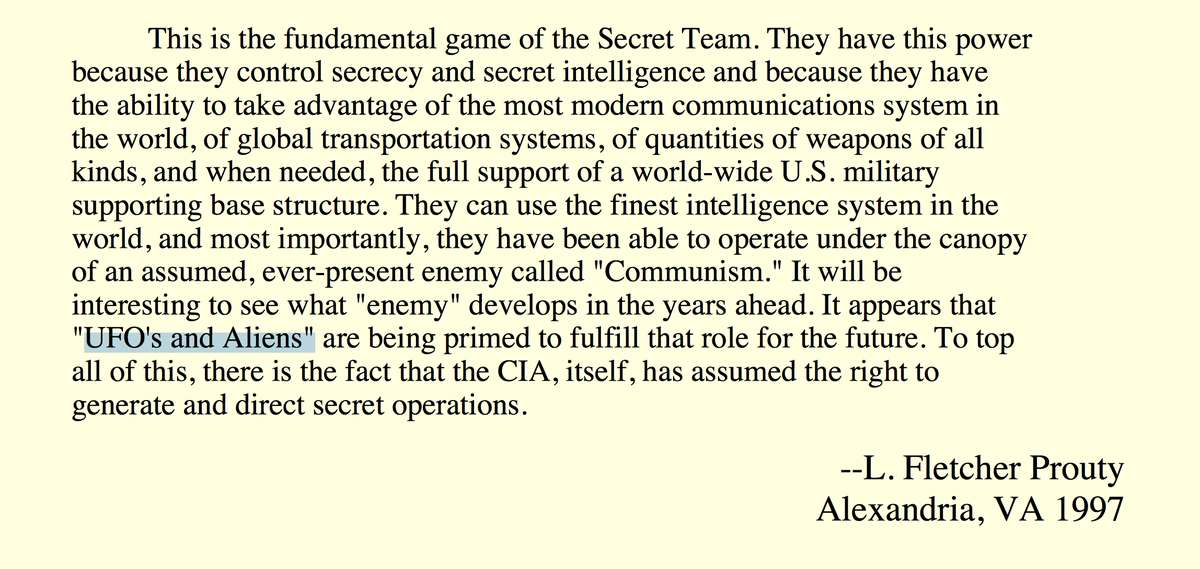 darkjournalist's tweet photo. Colonel L. Fletcher Prouty Chief of Special Operations for the Joint Chiefs of Staff warned us in 1997 that just as they had removed JFK in 1963 the CIA would use "UFOs and Aliens" as a false threat to seize power in the future. This is happening now! #UFO #UAP #Grusch https://t.co/fad3y38zTF
