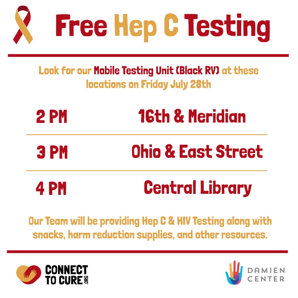 It's #WorldHepatitisDay and our friends at <a href="/DamienCenter/">Damien Center</a> are providing free Hep C and HIV testing downtown today! Click the photo for details ⤵️