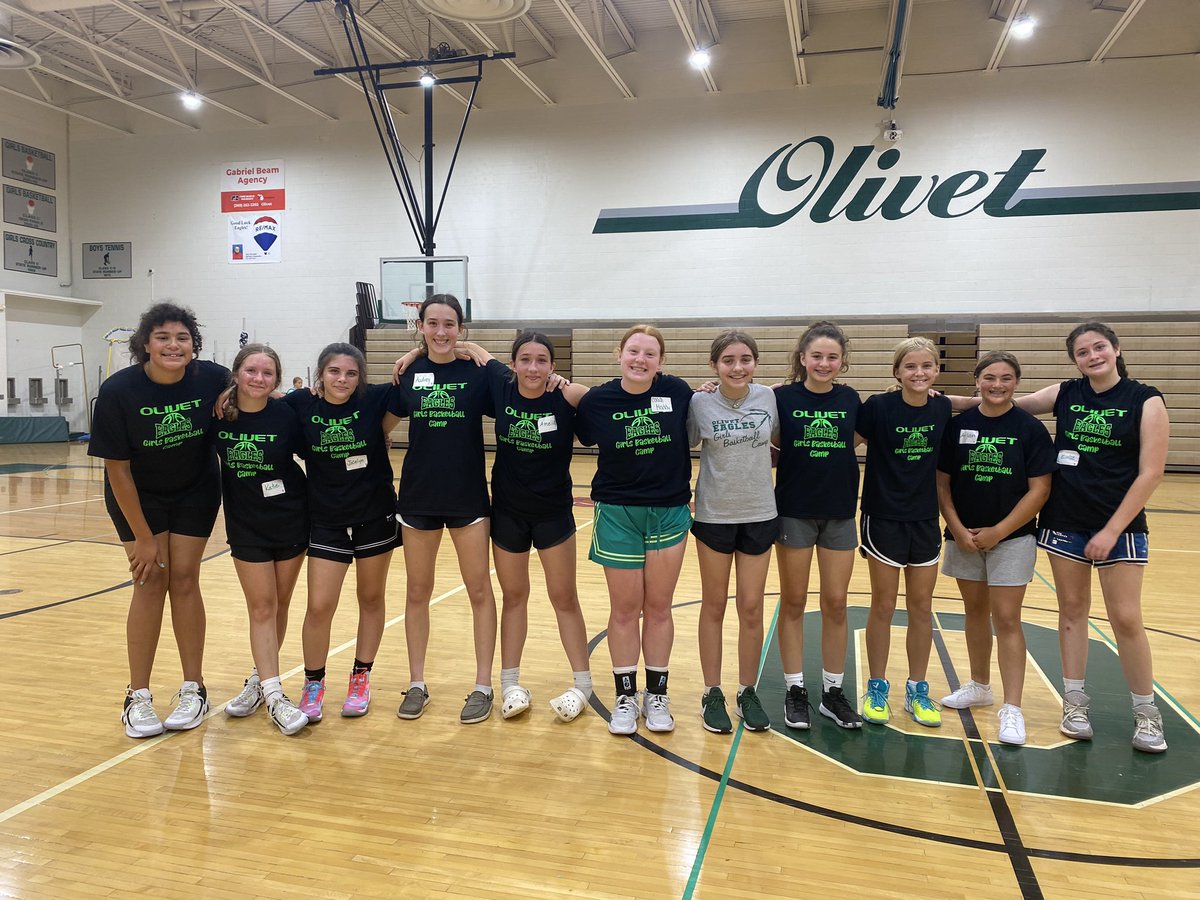 Youth Camp grade level pics: 5th grade, coached by Kienan, Ava, and Avery, 6th grade, coached by Liv, Kara, Korrine, and Karley, and 7th-8th, coached by Maddy and Magan. 💚🏀