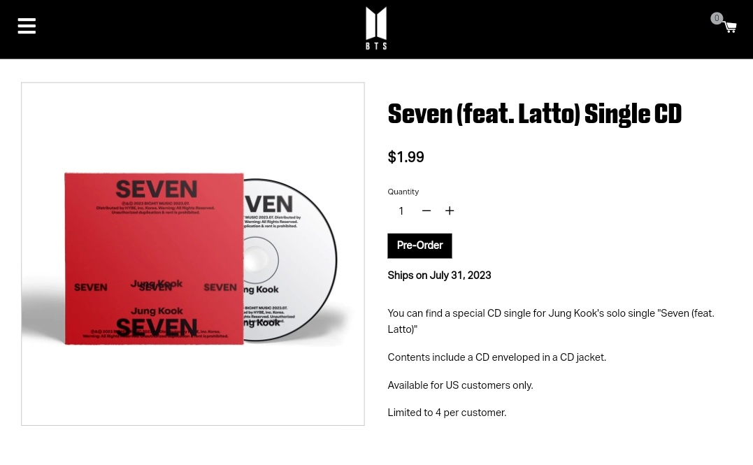 US/PR ARMYS 📢

If you're financially able to, plz consider purchasing #Seven Single CD  🙏!

You can buy 4 max per email/transaction &amp; they will be shipped on 07/31, which is Monday &amp; will count for Hot 100 chart for WK 3‼️

EVERY STREAM &amp; SALE MATTER.

shop.bts-official.us/collections/ju…