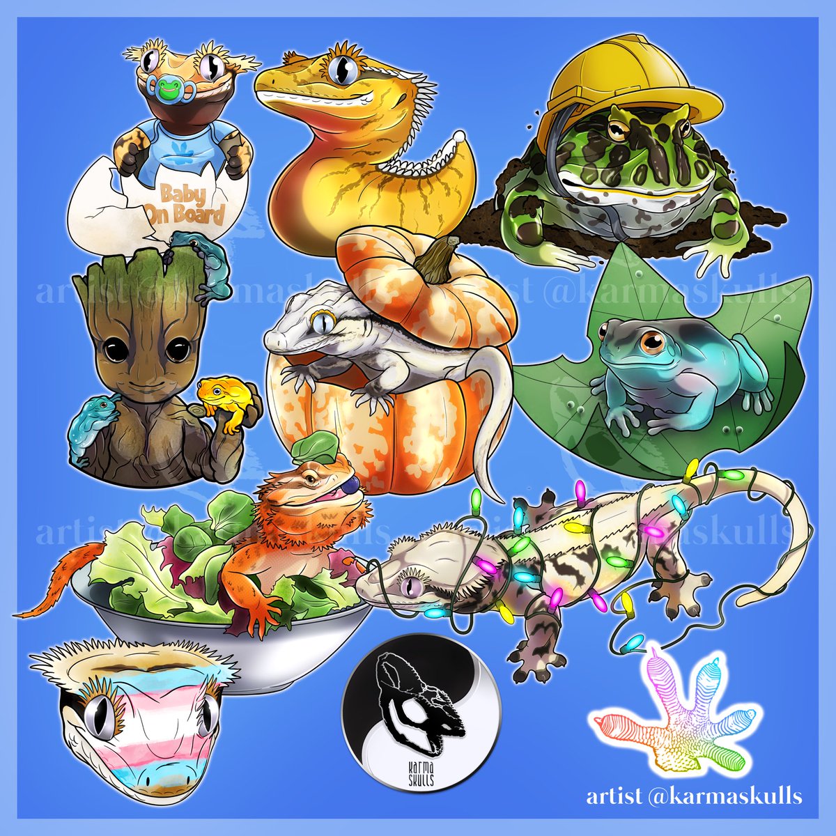 “Sticker” illustration batch for K &amp; A Kritters!

Currently taking deposits for August bookings, DM to get booked in, scattered dates available!

#karmaskulls #illustration #illustrator #procreateartist #ArtistOnTwitter