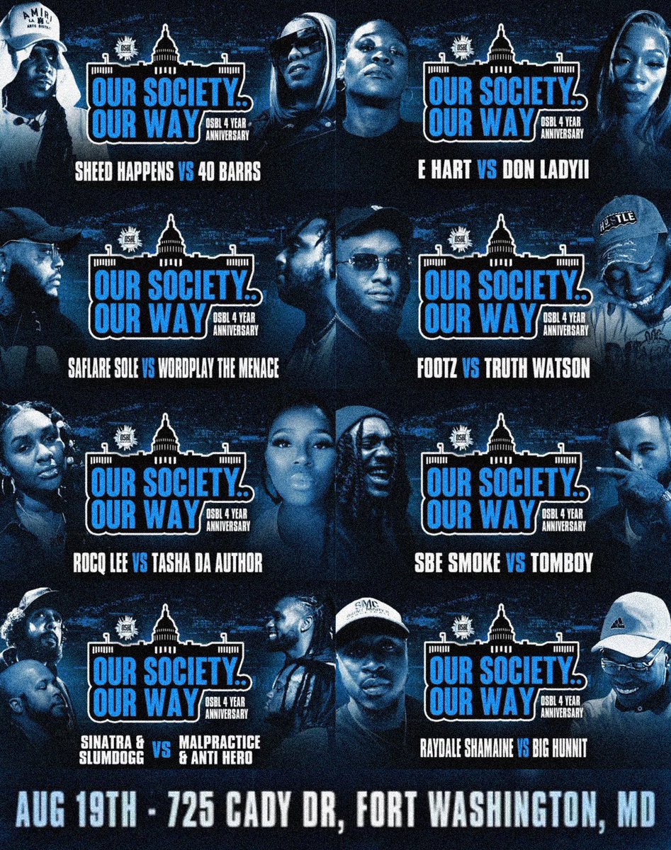 AllThingsBatRap's tweet photo. OSBL’s Anniversary card is looking crazy‼️

•SHEED HAPPENS vs 40 BARRS
•E HART vs DON LADYII
•SAFLARE SOLE vs WORDPLAY THE MENACE
•FOOTZ vs TRUTH WATSON
•ROCQ LEE vs TASHA DA AUTHOR
•SBE SMOKE vs TOMBOY
•SINATRA/SLUMDOGG vs ANTI/MALPRACTICE
•RAYDALE SHAMAINE vs BIG HUNNIT https://t.co/3swFufkegp