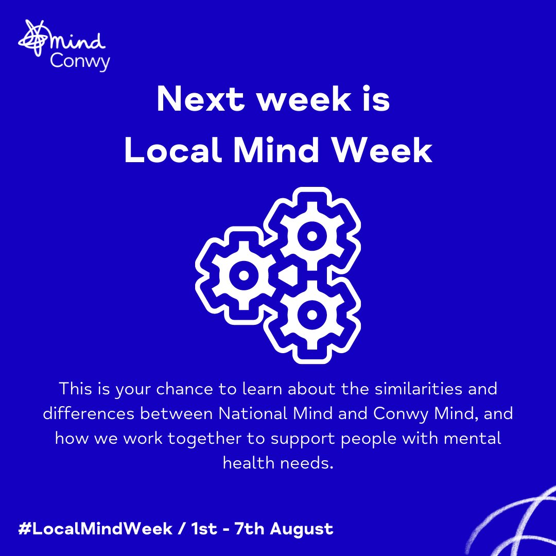 ConwyMind's tweet image. Next week is #LocalMindWeek which is a chance to learn about the similarities and differences between National Mind and Conwy Mind, and how we work together to support people with mental health needs.