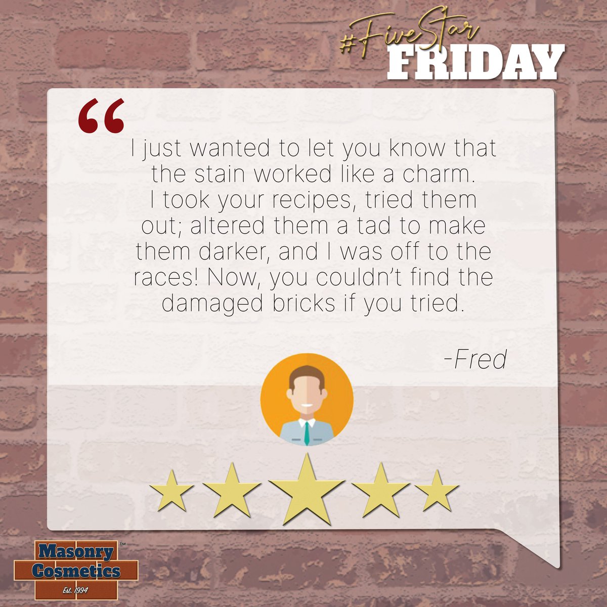 Thank you to Fred for the #FiveStar review! Damaged brick doesn't have to remain an eye sore, and luckily for him, he'll never have to reapply or worry about peeling or cracking. #CurbAppeal #HomeMakeover #BrickStain #MasonryStrong 😎
