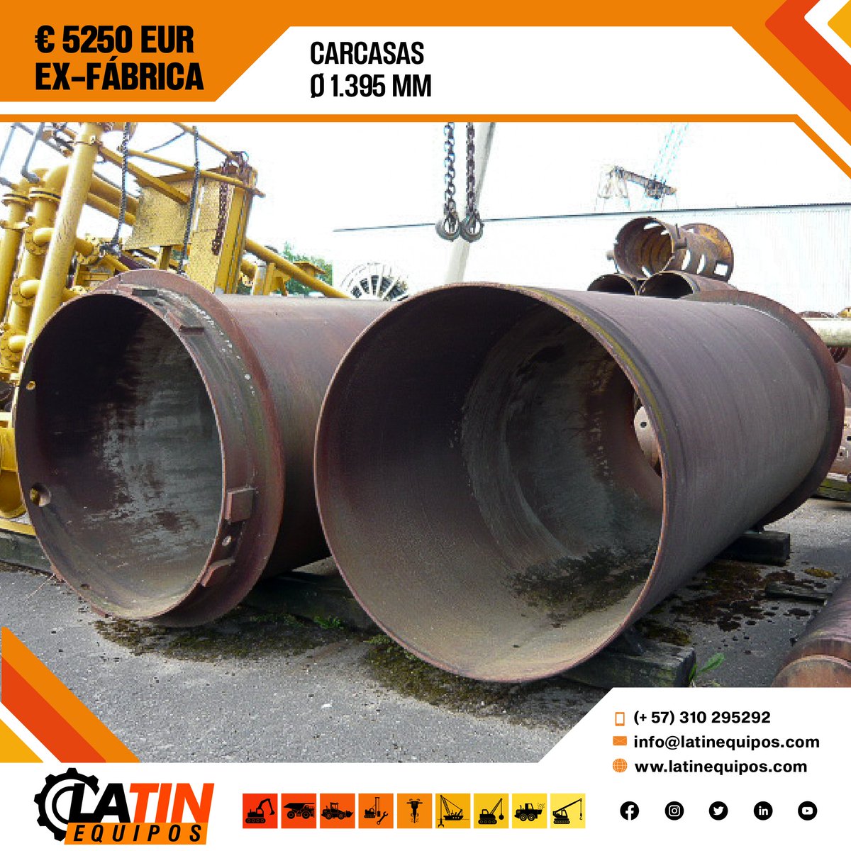 Carcasas de arranque de pared simple, p.

- Pilotes perforados (bajo bentonita).
- Ø exterior 1.395 mm,
- Ø interior 1.360 mm

#ingeniería #construcción #civil #proyectos #venta #productosdesegunda #latinequipos #herramientas #carcasas #paredsimple