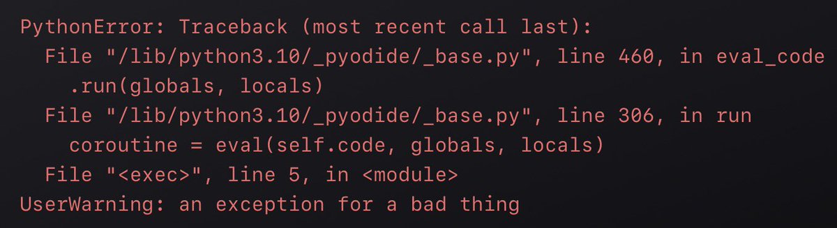 #python question

I discovered today that python warning categories are derived from the exception class, see docs.python.org/3/library/warn…

This does mean warnings can be elevated to exceptions. However, should normal user code do this?