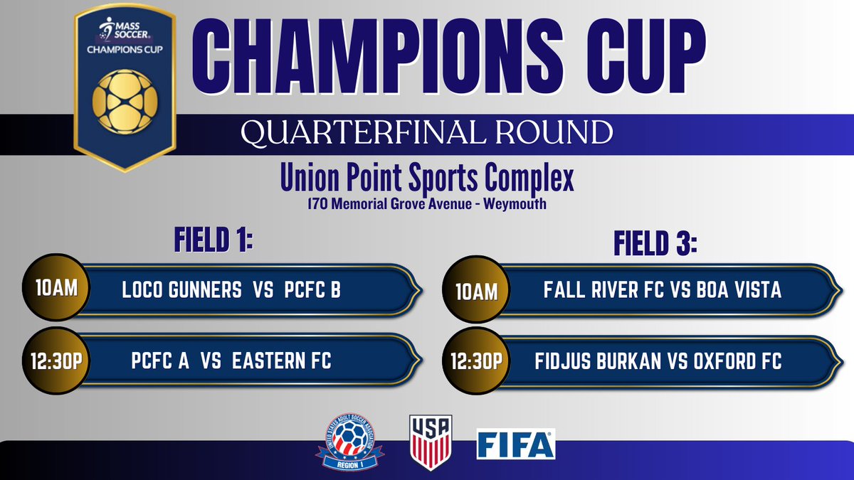 MASS_Soccer's tweet photo. 🏆Champions Cup Quarterfinals
🗓️ Sunday, July 30th
🏟️ @UPSportsPlex 

10am:
⚽️Field 1 - @locogunners 🆚 @providencecity_ B
⚽️Field 3 - @FallRiverFC 🆚 Boa Vista

12:30pm:
⚽️Field 1 - @providencecity_ A 🆚 @Efc30s 
⚽️Field 3 - Fidjus Burkan 🆚 Oxford FC

🔥⚽️Let's go!!!⚽️🔥 https://t.co/CCeaPT88xb