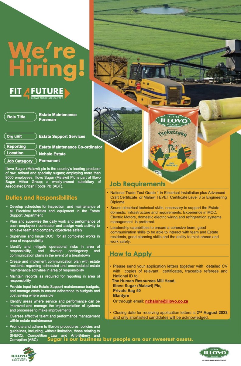 MyjoboMalawi's tweet photo. Position: Estate Maintenance Foreman

Illovo Sugar - Nchalo is recruiting https://t.co/2tLqp0T5SZ