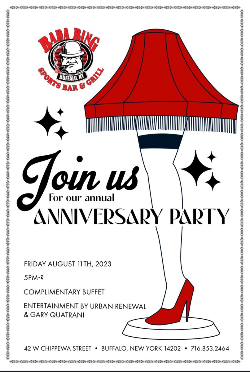 BadaBingBuffalo's tweet photo. Join us at the Bing on August 11, 2023 as we thank YOU!  Complimentary Buffet &amp; music from Crooner Gary Quatrani &amp; Urban Renewal Band.  #42Chippewa #Buffalo
https://t.co/pbsS7yW8bv for menu &amp; delivery
716-853-2464 https://t.co/rWkYgWdOtl