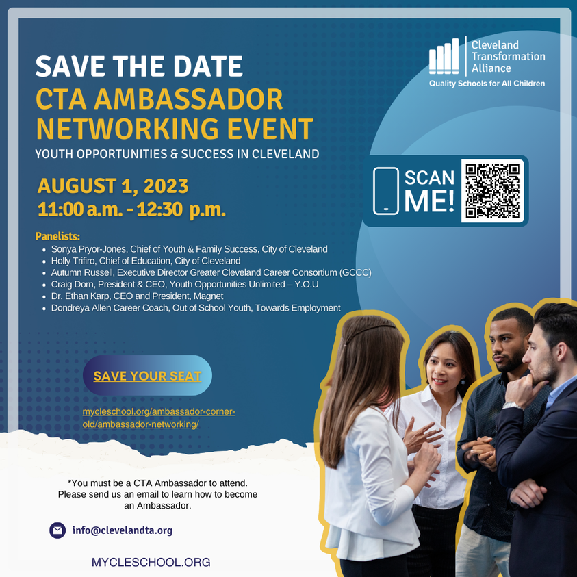 REMINDER! Our ED, Autumn Russell, will be participating in the @CleveTA Ambassador Networking Event on 8/1/23 at 11am. 📣 CTA Ambassadors, 👉register here: mycleschool.org/ambassador-net… ❓ Not a CTA Ambassador, email info@clevelandta.org to learn more!