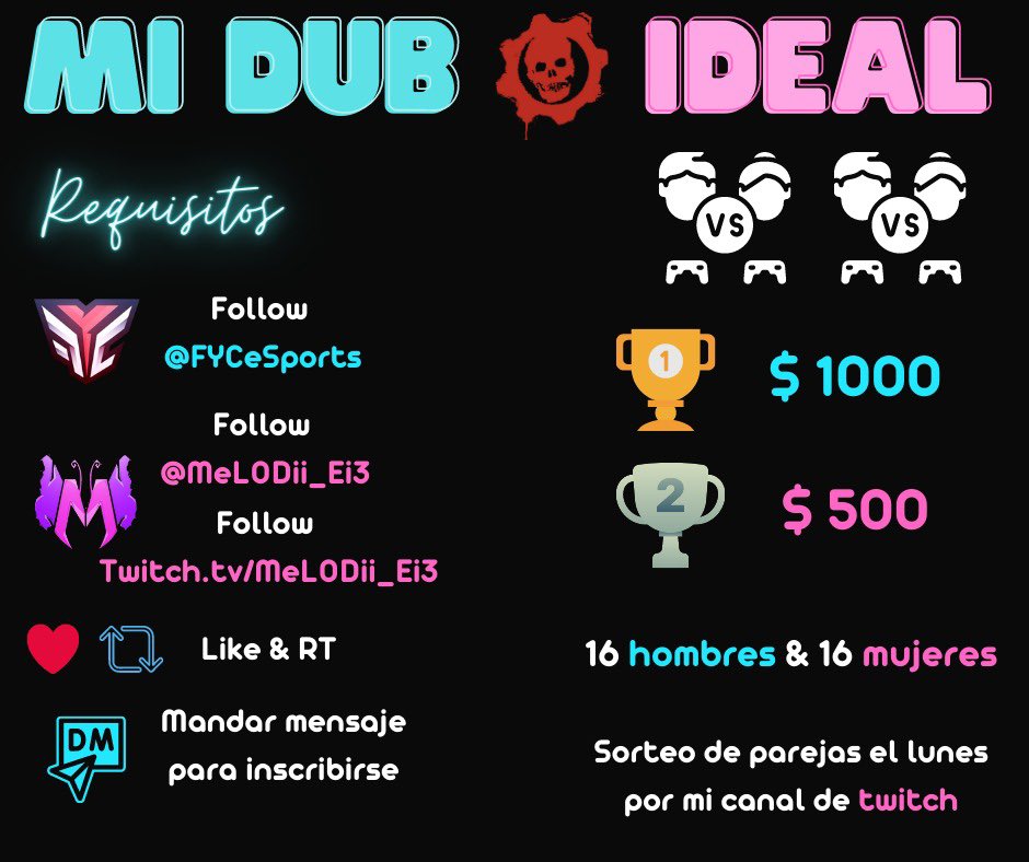 🟢 Inscripciones abiertas 🟢
☑️ Follow <a href="/FYCEsports/">FYC eSports</a> 
☑️ Follow <a href="/MeLODii_Ei3/">🦋 MeLODii Ei3🦋</a> 
☑️ Follow 🟣Twitch.tv/MeLODii_Ei3
🟢 Like &amp; RT 
🟢 Mensaje directo 
🟡 Si no siguen los requisitos no serán tomados en cuenta.
🔴Tu NO eliges con quien jugar, todo será por sorteo en mi canal.