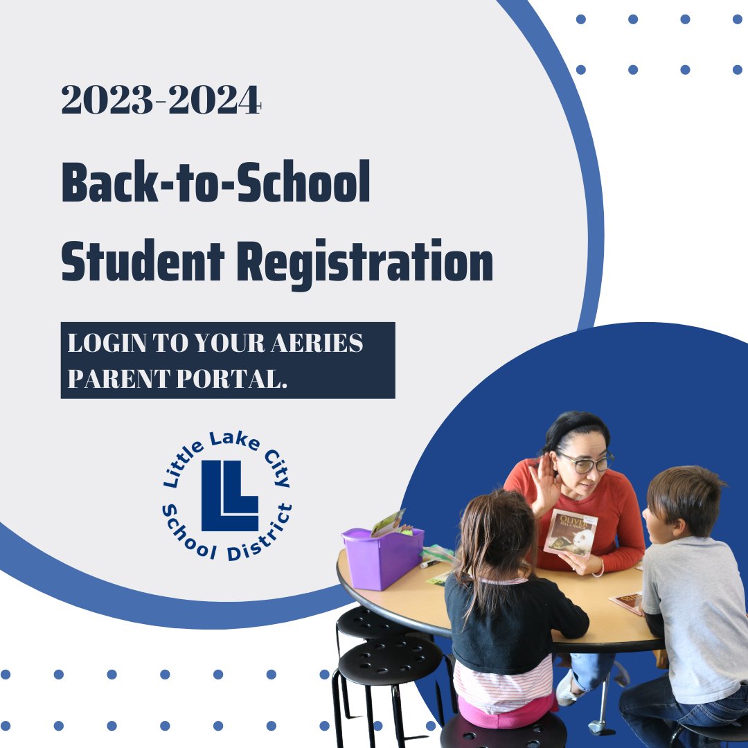 Lakeview_ESLLCS's tweet photo. 📚🎒 Attention, Little Lake families! Please login to your Aeries Parent Portal for the 2023-2024 Back to School Student Registration link: https://t.co/mPH2e4r4vS. 
✨Don't forget, the first day of school is August 16th. Let's make it a memorable start together!

#LakeviewES https://t.co/fqh5ToI9HD