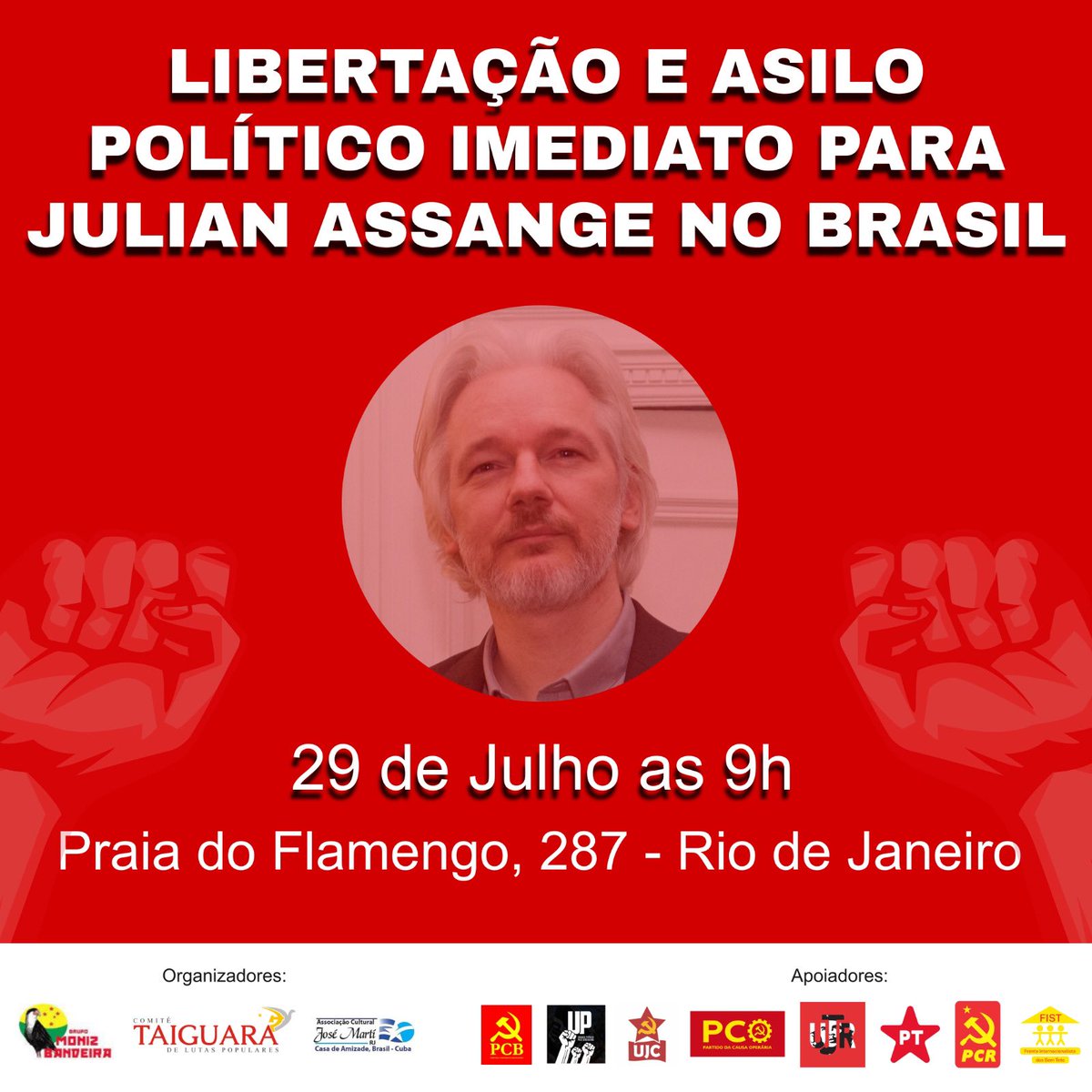 EduMatos's tweet photo. A UJC irá compor ato no dia 29, exigindo a libertação de Julian Assange e o seu asilo político no Brasil.

Ele foi o fundador do WikiLeaks, q expôs diversos crimes de guerra cometidos pelos EUA, tal como as chamadas "guerras humanitárias", lançadas contra Síria e Líbia. https://t.co/MfPVrqrnMD