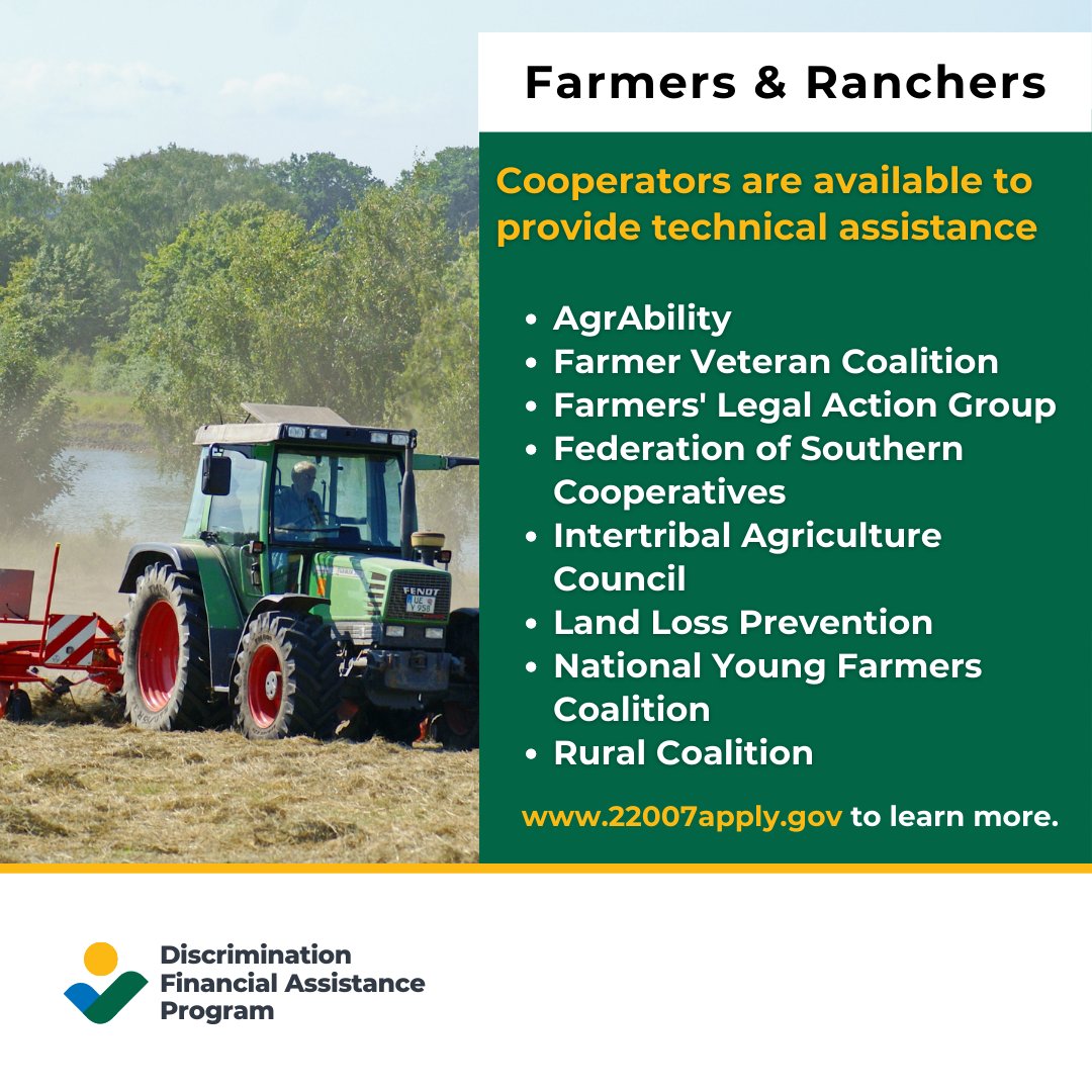 22007apply's tweet photo. The USDA is partnering with eight community-based Cooperators who are offering technical assistance to farmers &amp; ranchers seeking financial assistance for discrimination in USDA farm lending.

Visit https://t.co/3LJ1XkMHD1 or call 1-800-721-0970 for more details. https://t.co/ATH7VUn7fO